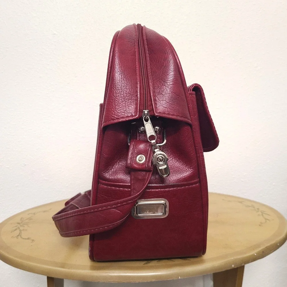 Samsonite Vintage Red Leather Travel Weekender Bag Retro Utility Preppy Carry On